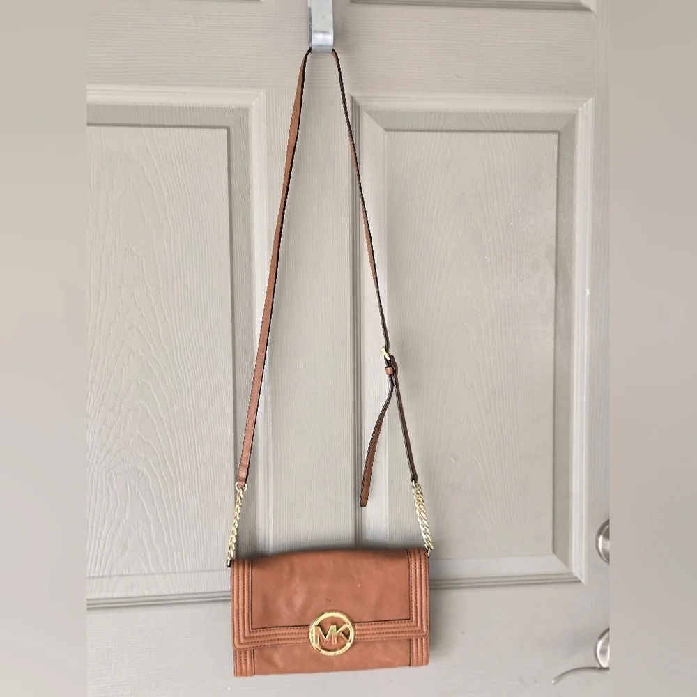 Michael Kors Women Fulton Brown Leather Crossbody Bag Gold Chain Strap Dustbag - Picture 5 of 16